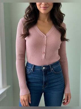 White House Black Market Ribbed V-Neck Sweater - Rose Rayon Blend Size Medium